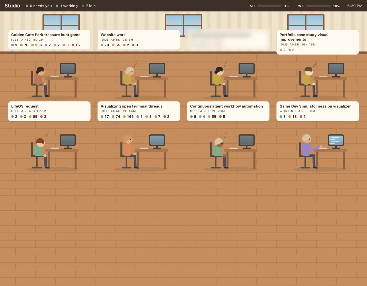The first version: a flat side view of eight desks in two rows, with idle people asleep and white cards above each desk