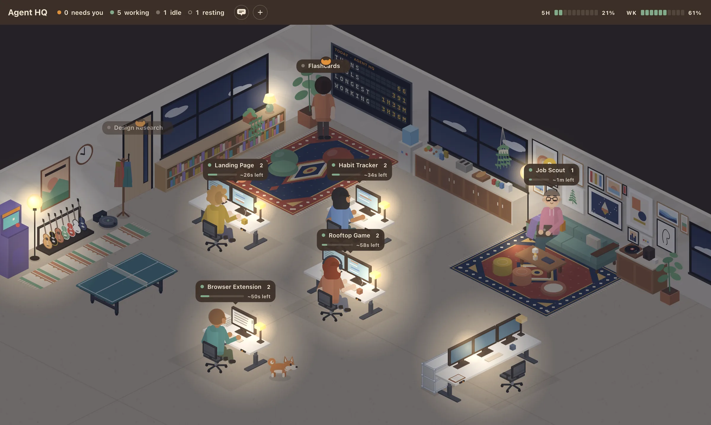 Agent HQ at night: an isometric office with five people at desks, one on the couch, and a board on the wall counting today's turns