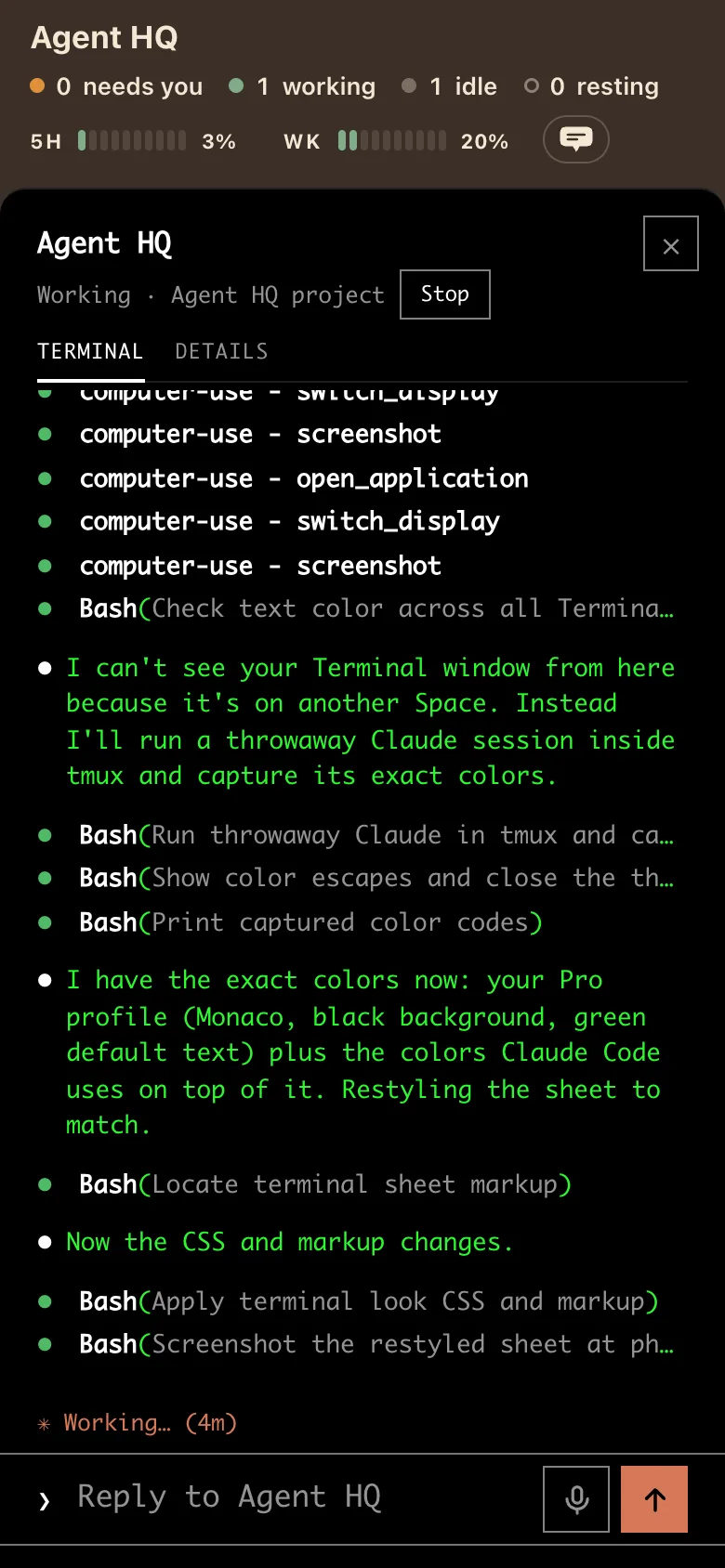 Seven minutes later: the sheet restyled to black with green mono text to match my Terminal