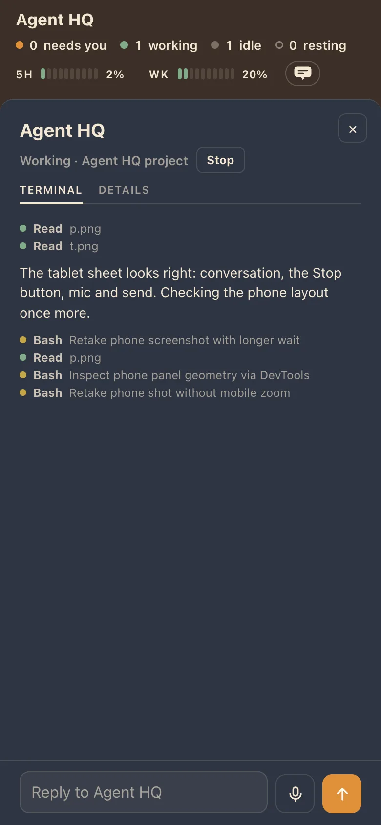 The first phone terminal sheet in navy with a sans serif font, a mic button and a send button
