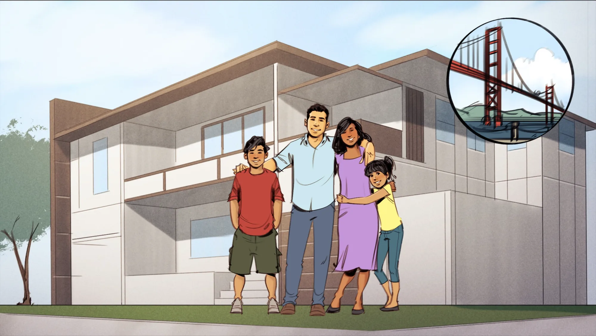 The family posing in front of their home with the Golden Gate Bridge in view