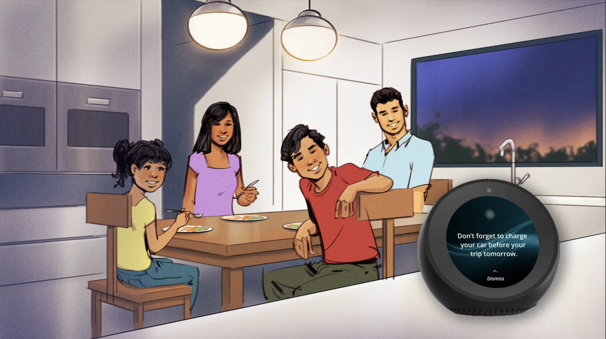 The family at dinner as a smart speaker reminds them to charge the car before tomorrow's trip