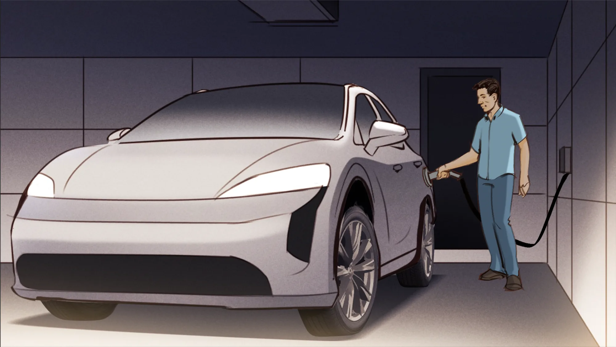 The driver plugging in to charge the car in the garage