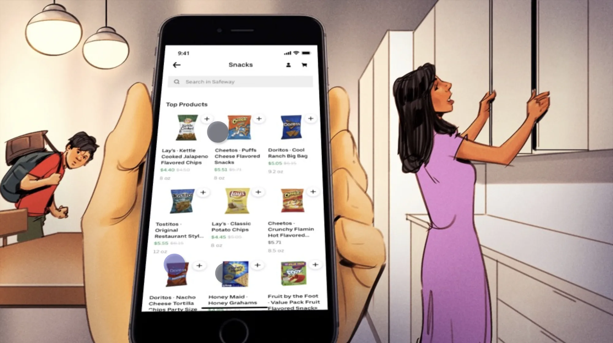Ordering road-trip snacks on a phone from the kitchen