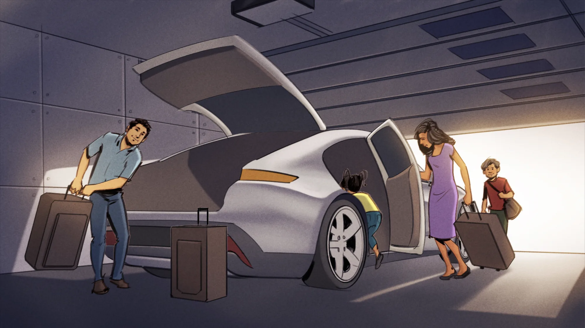Loading luggage into the car in the garage before the trip