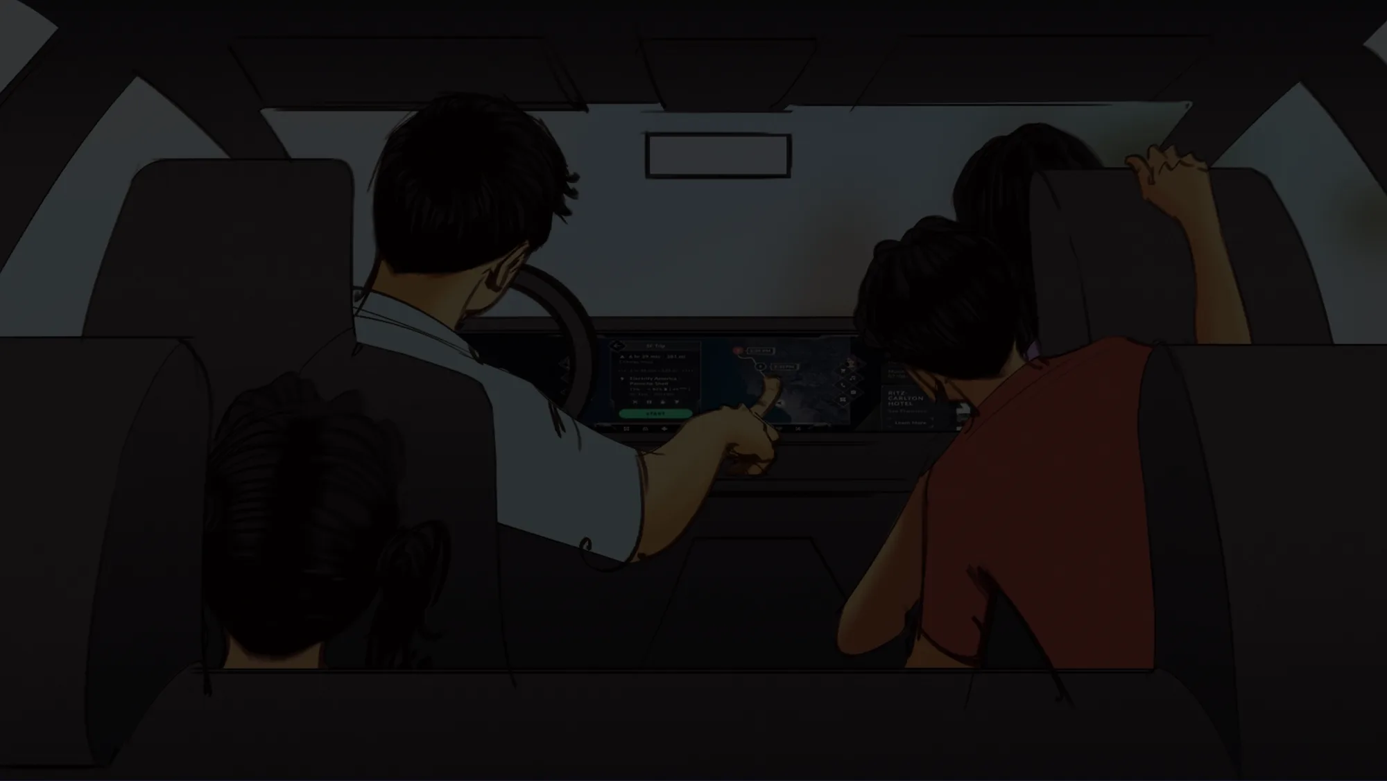 The family gathered around the screen as the driver plans the route