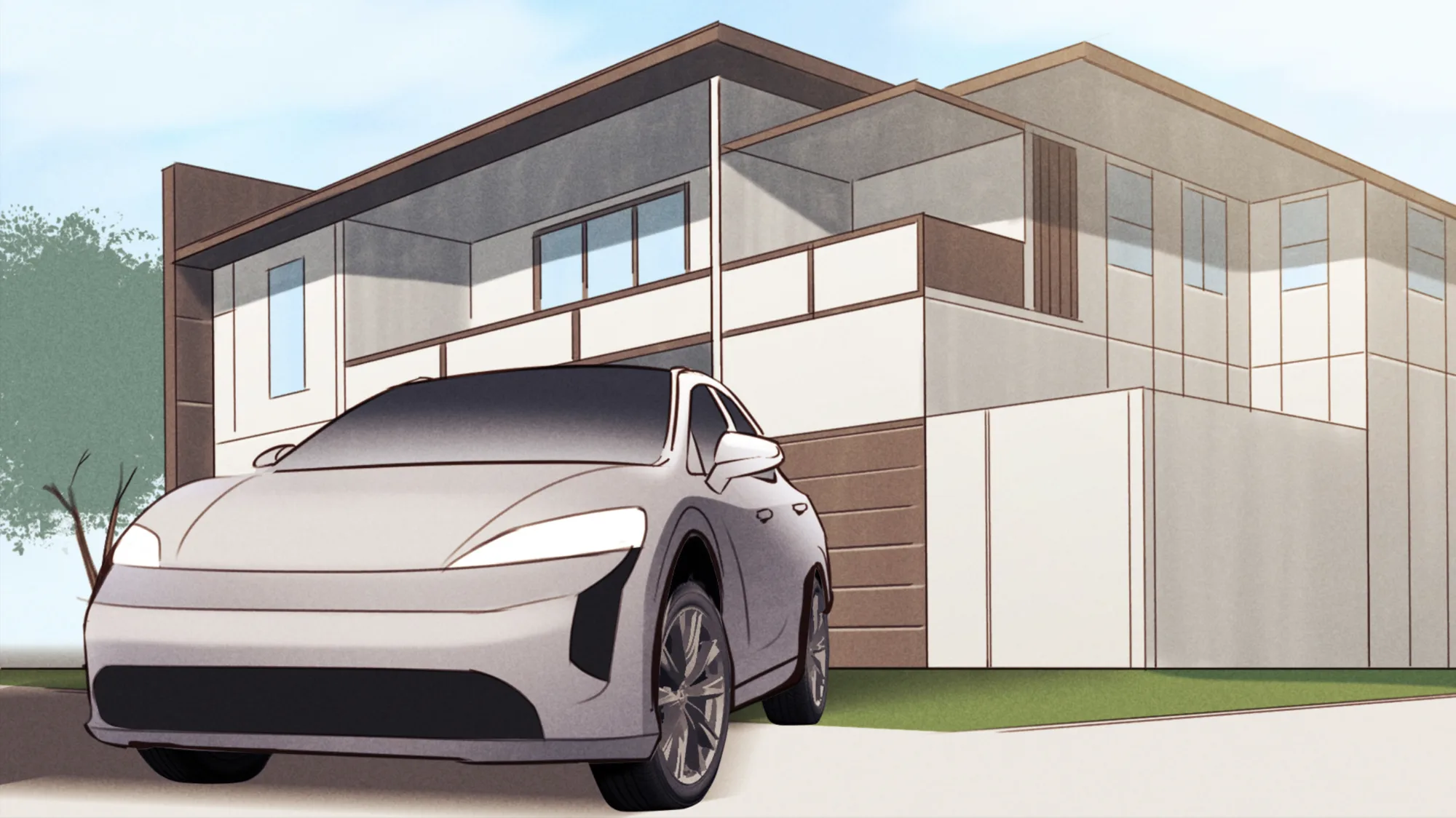 The car parked in front of the family's modern home