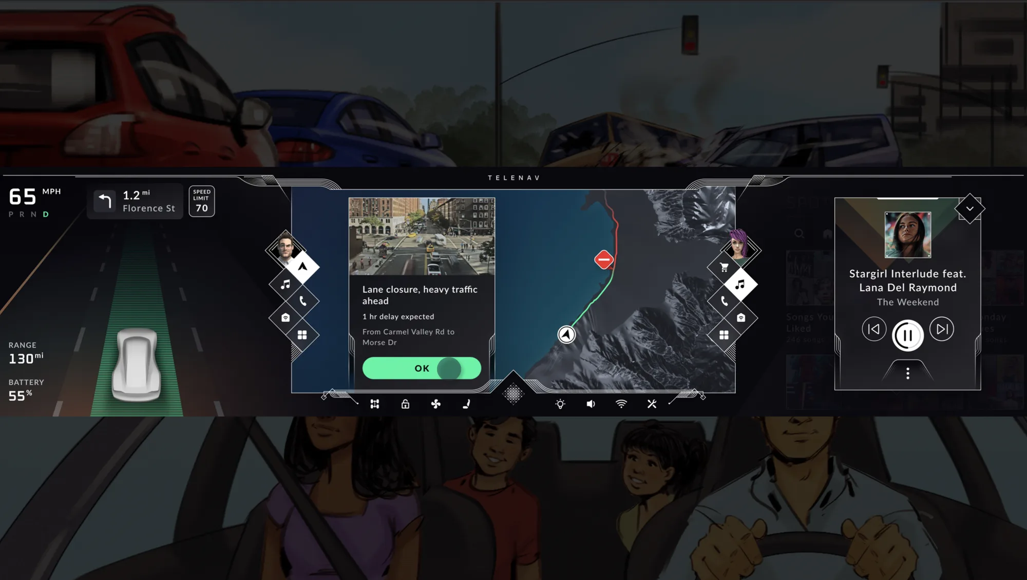 A lane-closure alert and music playing at 65 mph with the family along for the ride