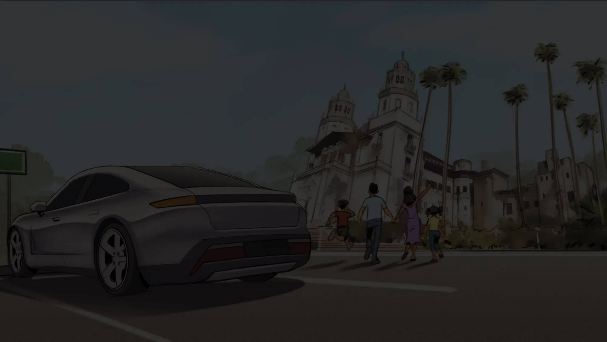 The car parked at dusk as the family walks up to Hearst Castle