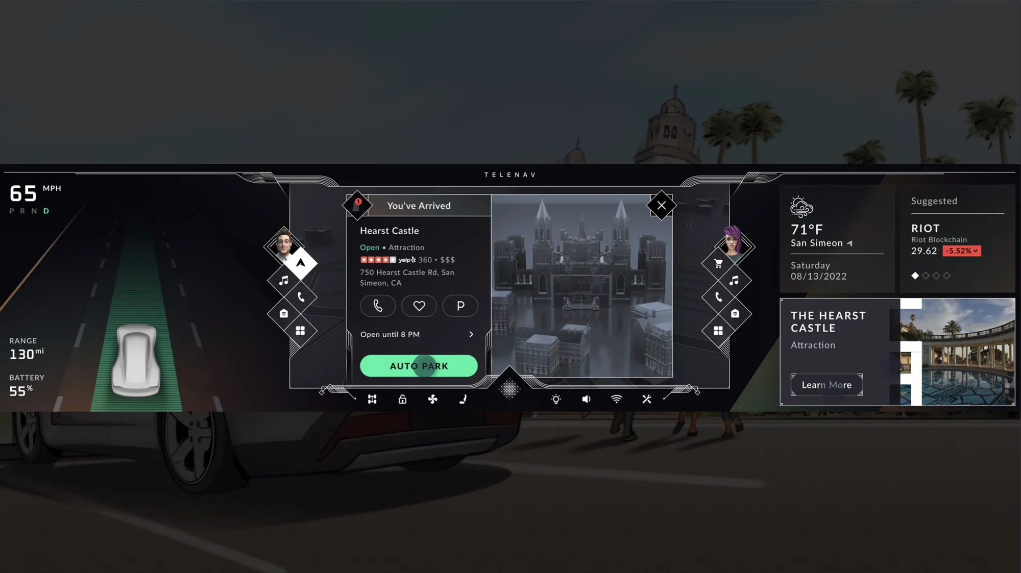 Arriving at Hearst Castle with an Auto Park prompt and a 3D view of the grounds