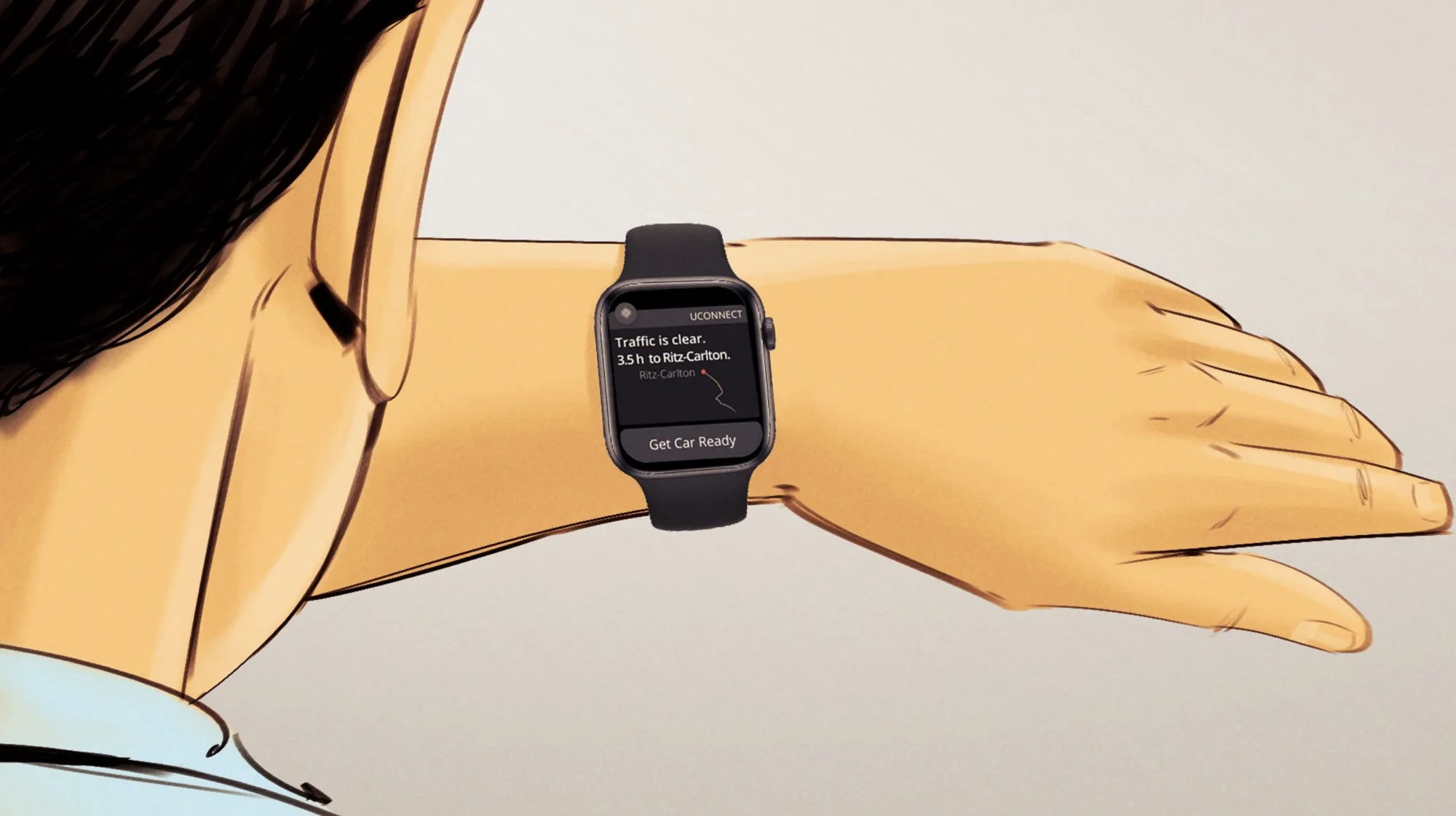 A smartwatch showing a clear-traffic alert and a Get Car Ready button