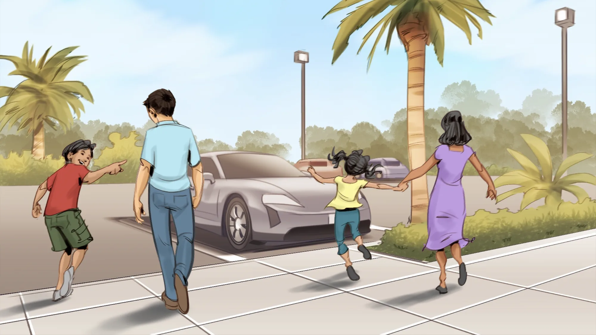The family walking across a sunny parking lot toward the car