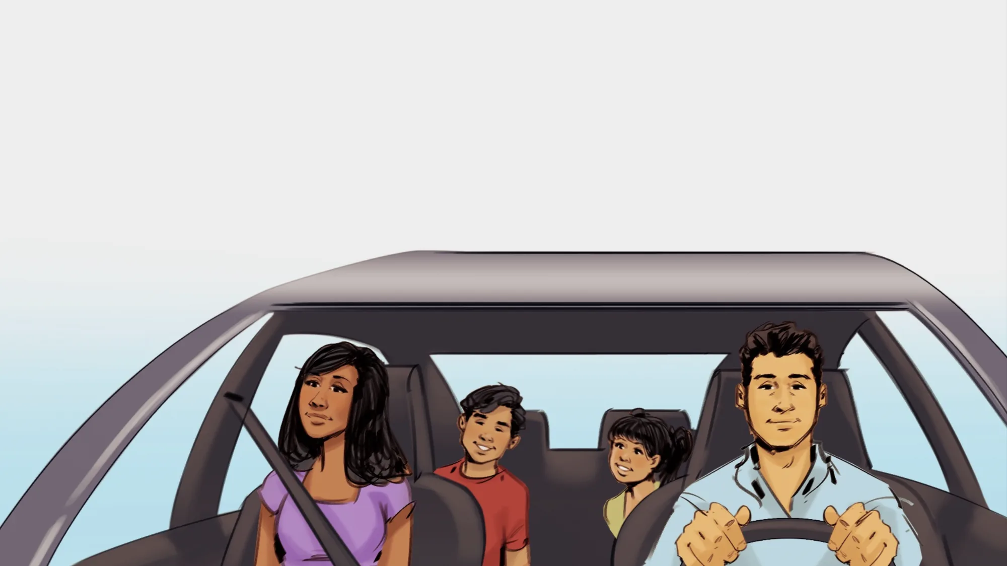 The family settled inside the car at the start of the drive