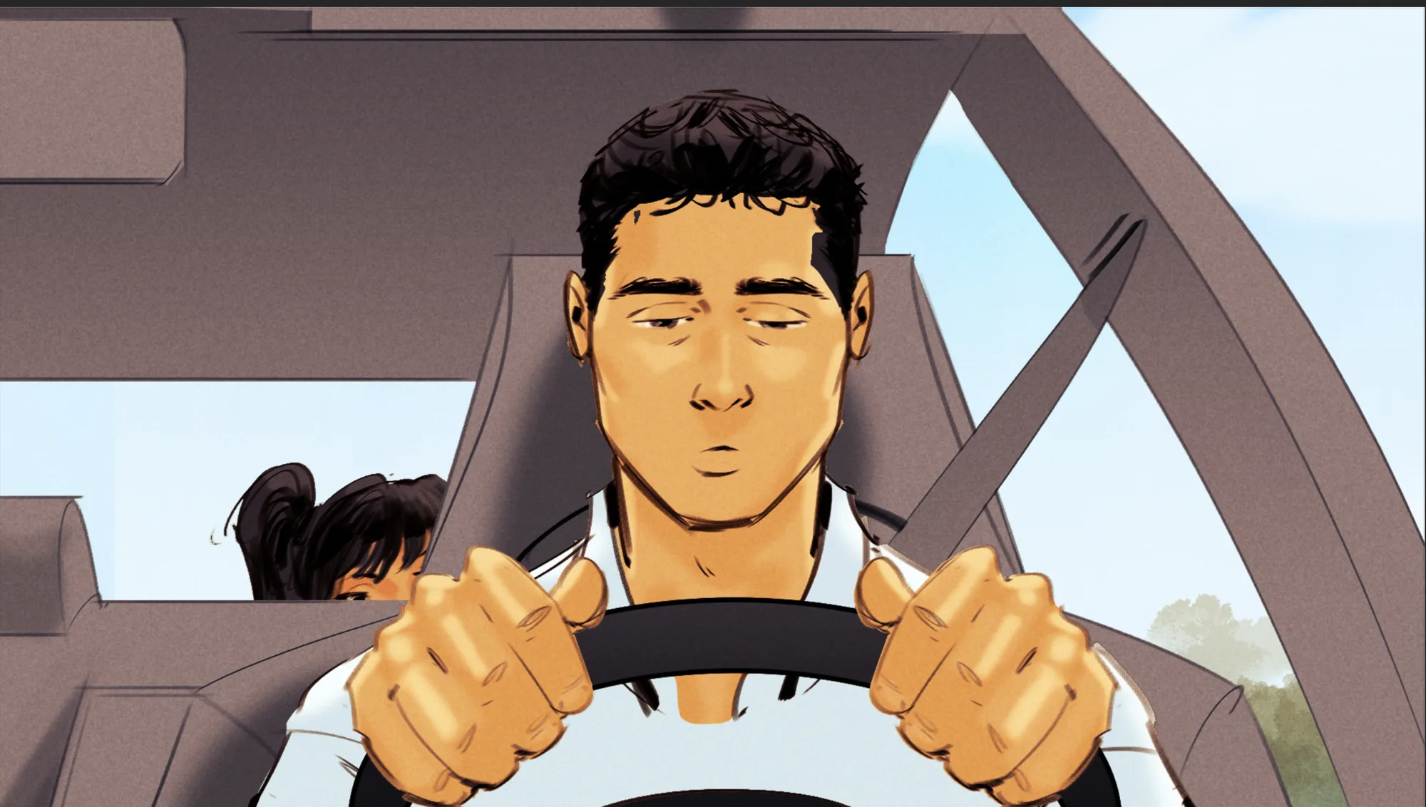 Close-up of the driver growing drowsy at the wheel