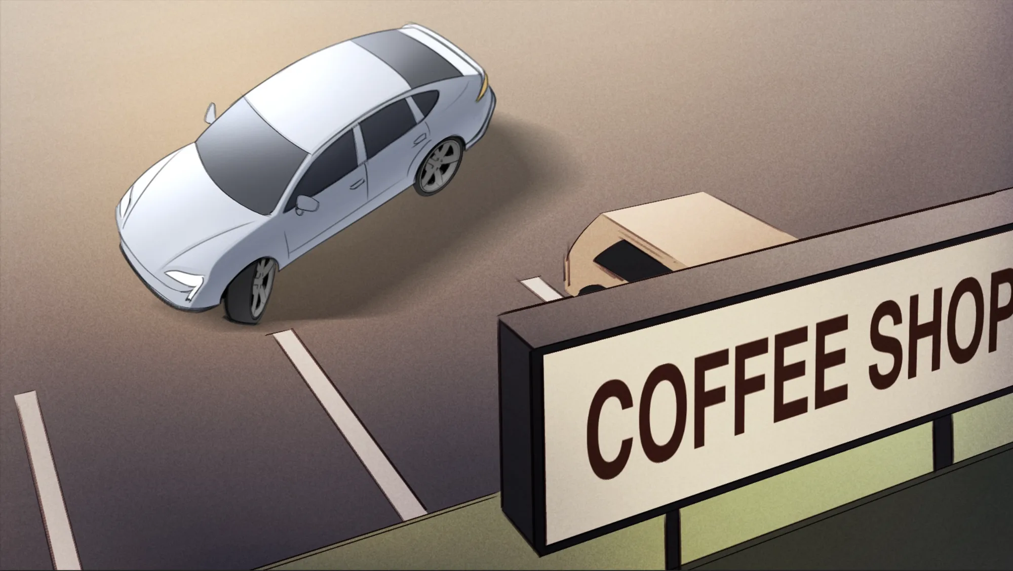 Top-down view of the car pulling in beside a coffee shop