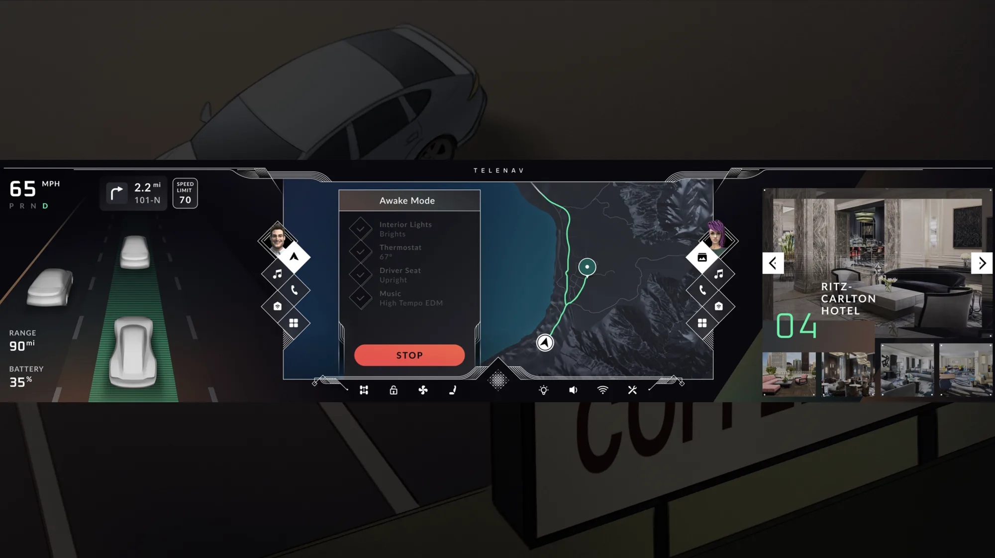 Awake Mode adjusting lights, climate, seat and music at 65 mph