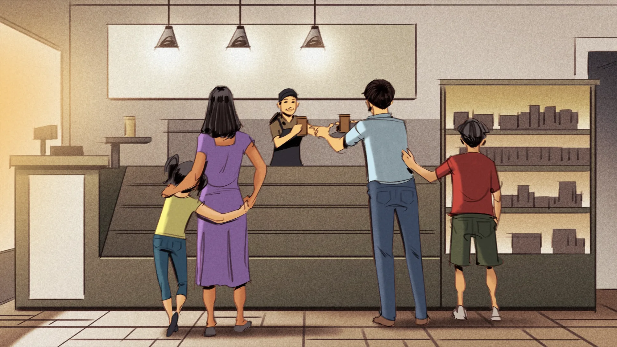 The family picking up coffee at the counter