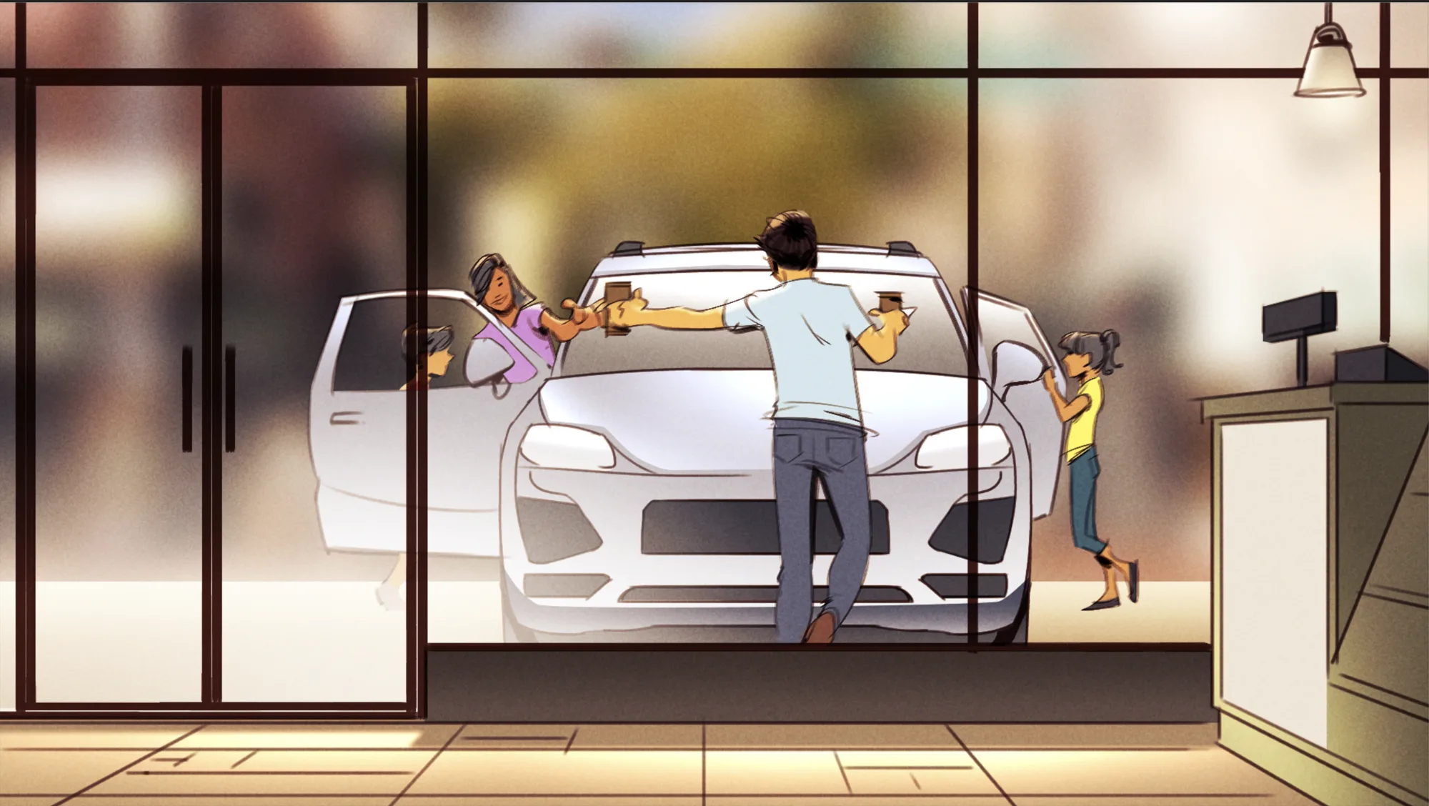 The family wiping down the car, seen through a storefront window