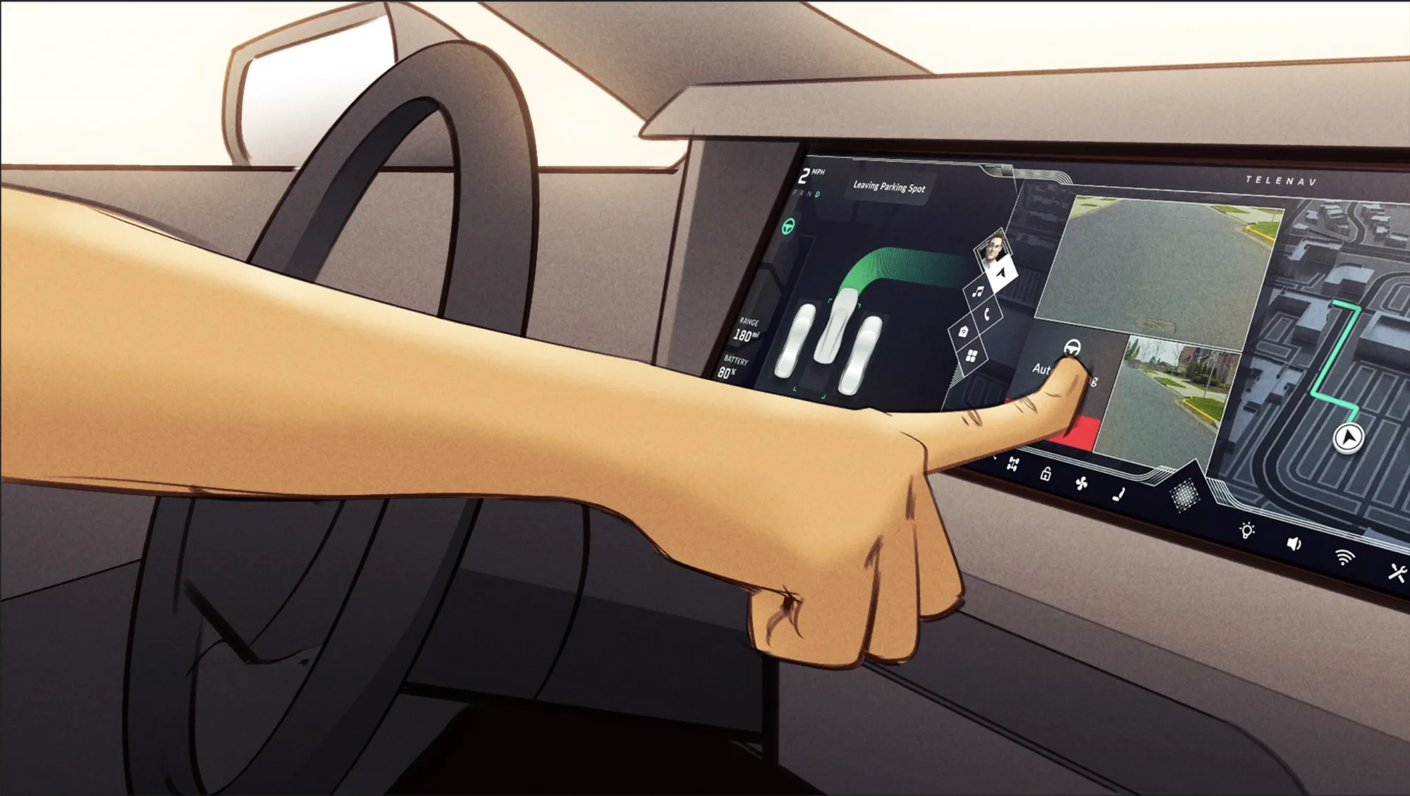 A hand reaching to the screen to start auto parking while leaving a spot