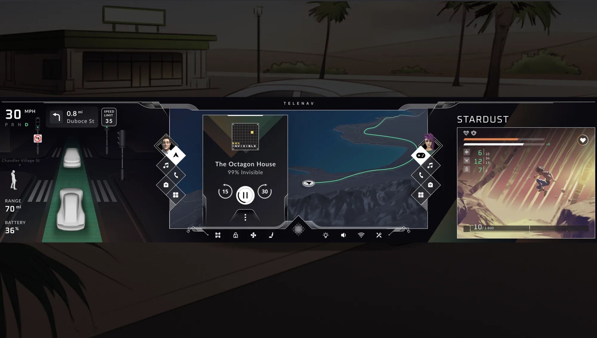 Driving at 30 mph through the city with a podcast and a game running side by side