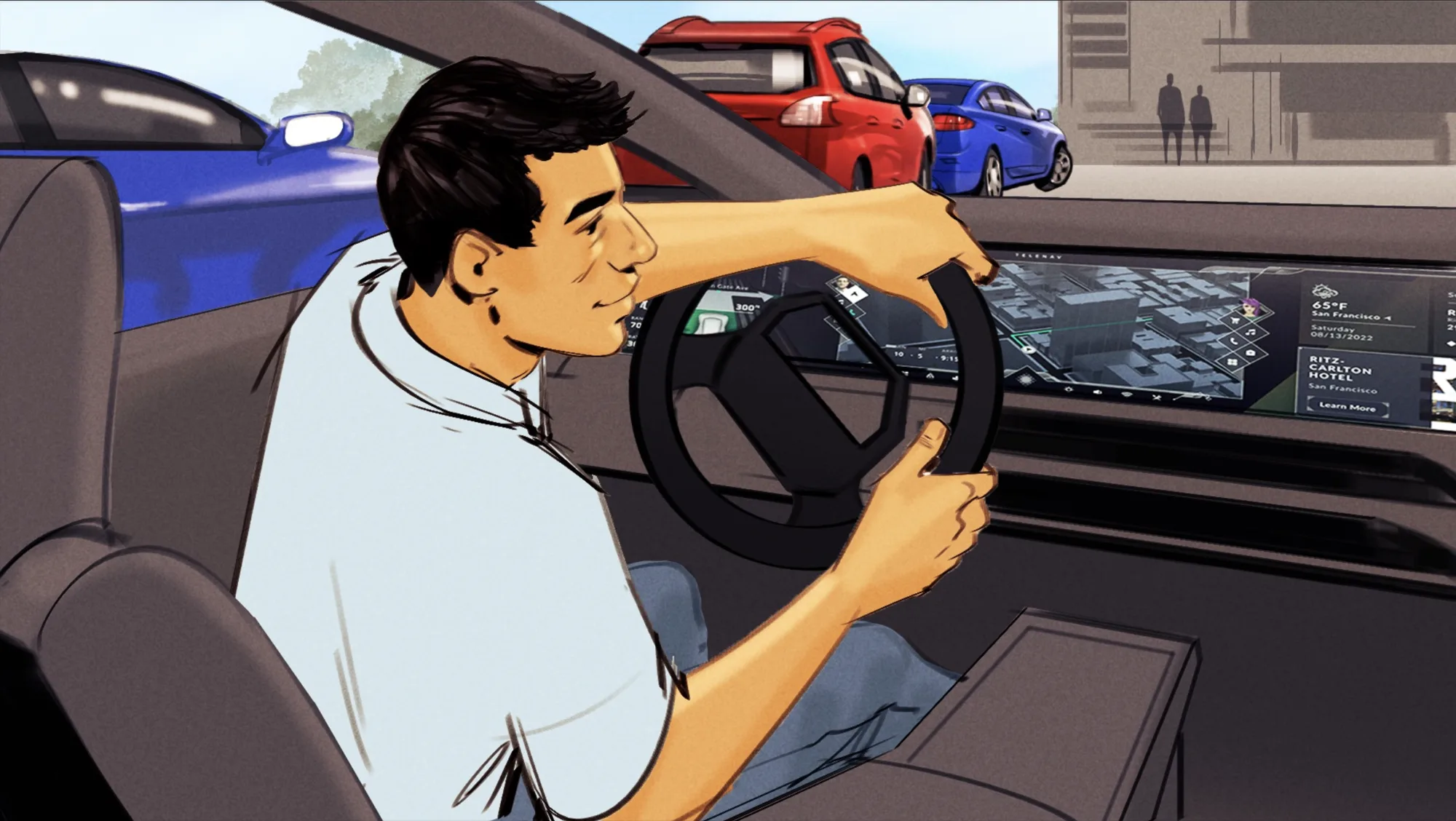 The driver relaxed at the wheel with the display in view through the window