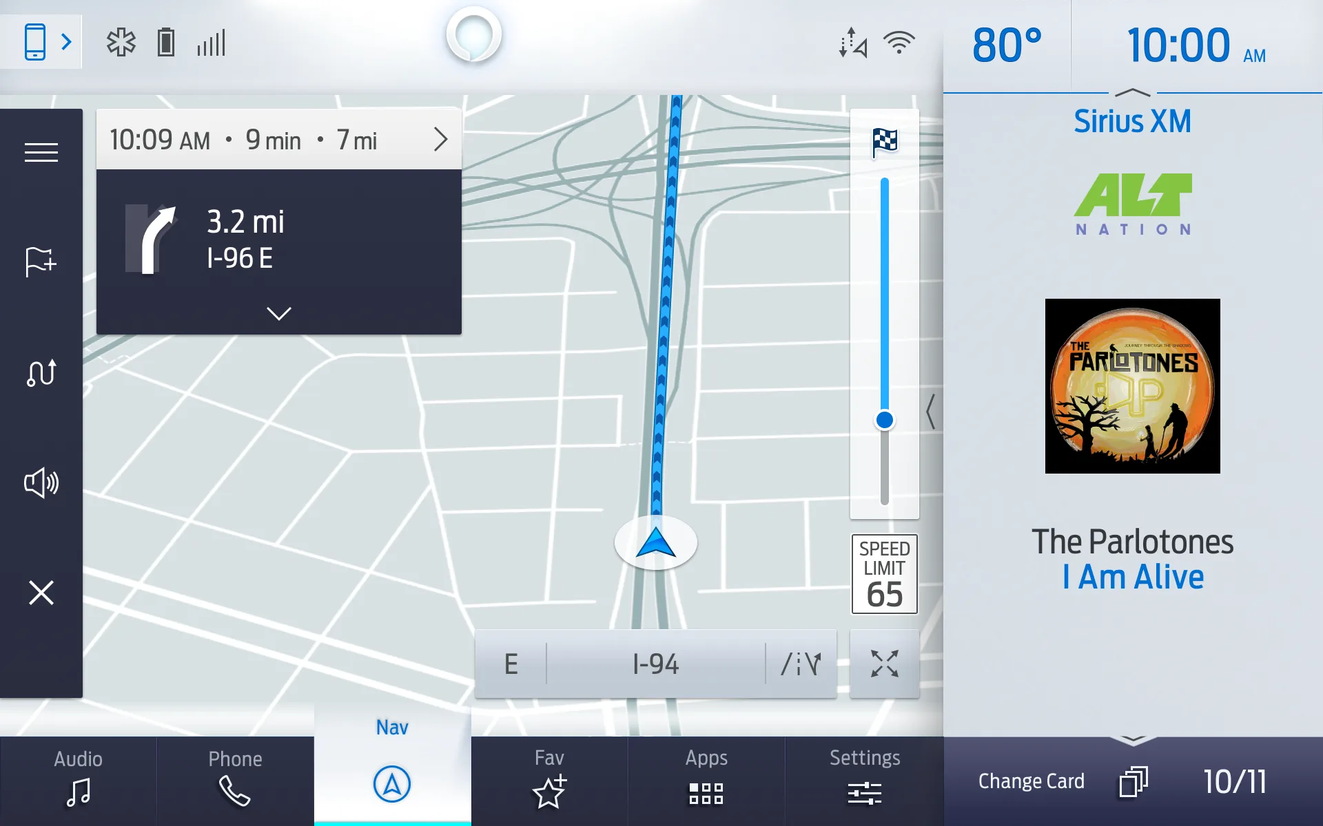 Ford BlueCruise: a Ford SYNC screen with turn-by-turn navigation and an upcoming interstate maneuver on the left, and a SiriusXM now-playing card on the right