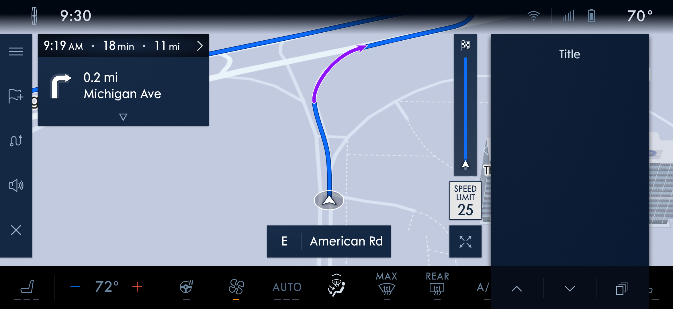 Active guidance: the next maneuver, ETA, route line, and speed limit