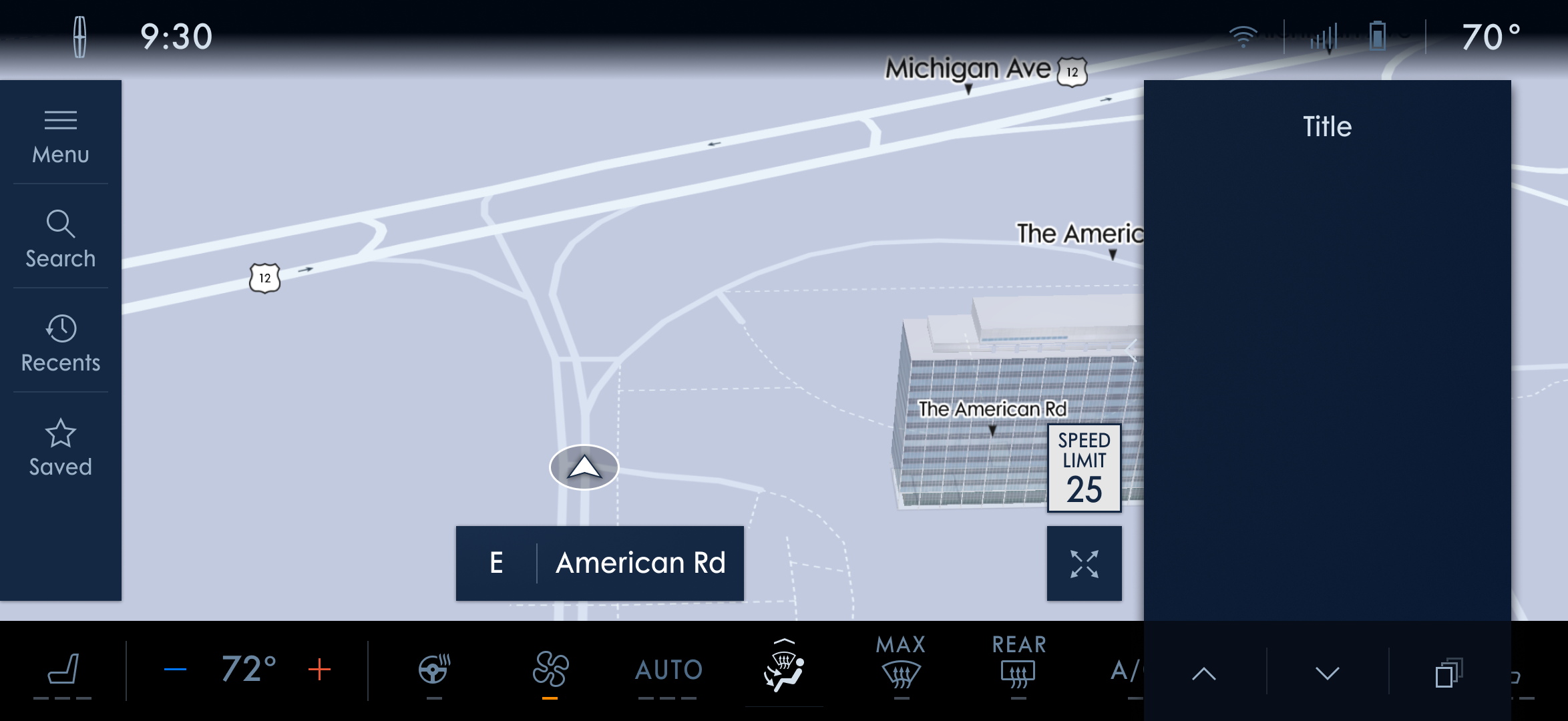 Lincoln 13.2-inch map view in a dark navy theme, with the same Menu, Search, Recents and Saved rail
