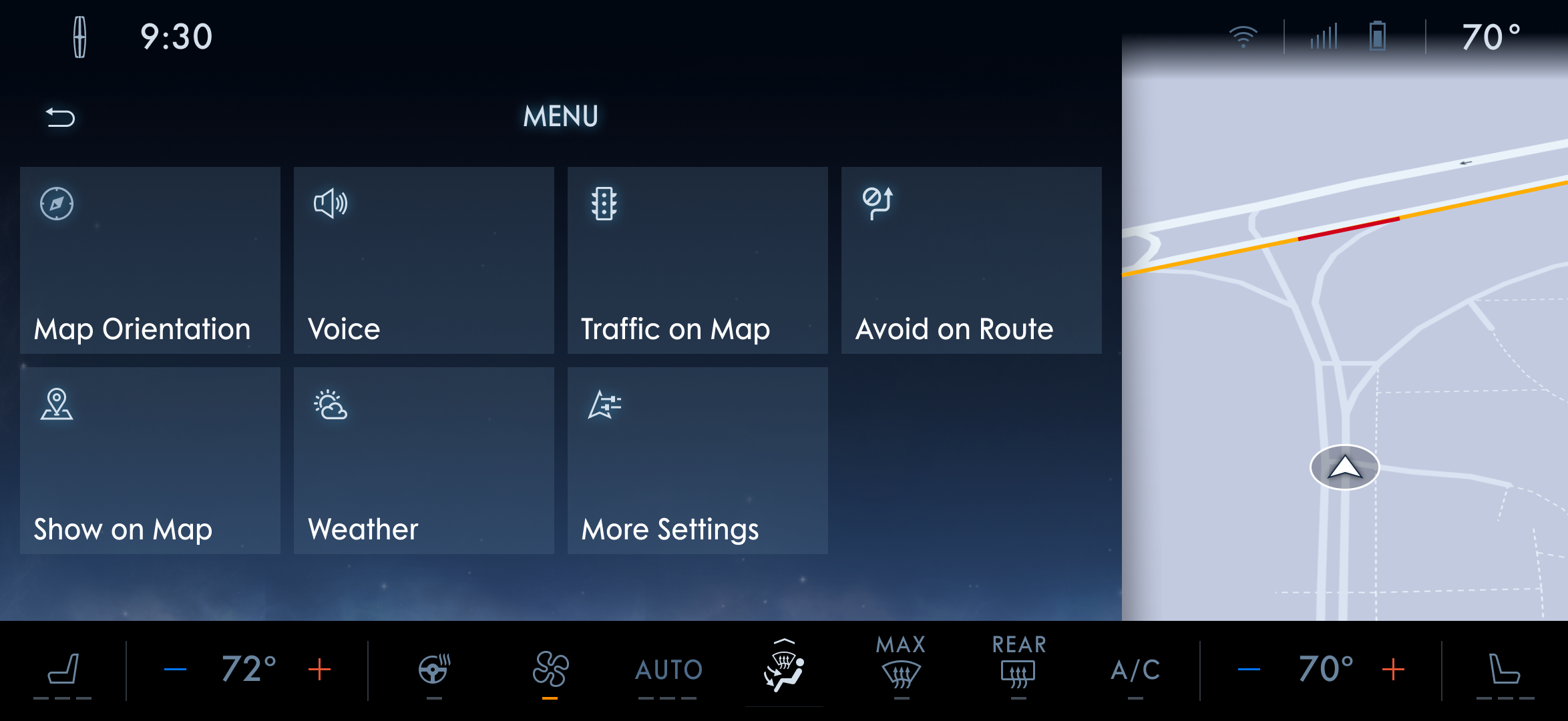 Map settings menu: map orientation, voice, traffic, avoid on route, weather, and more