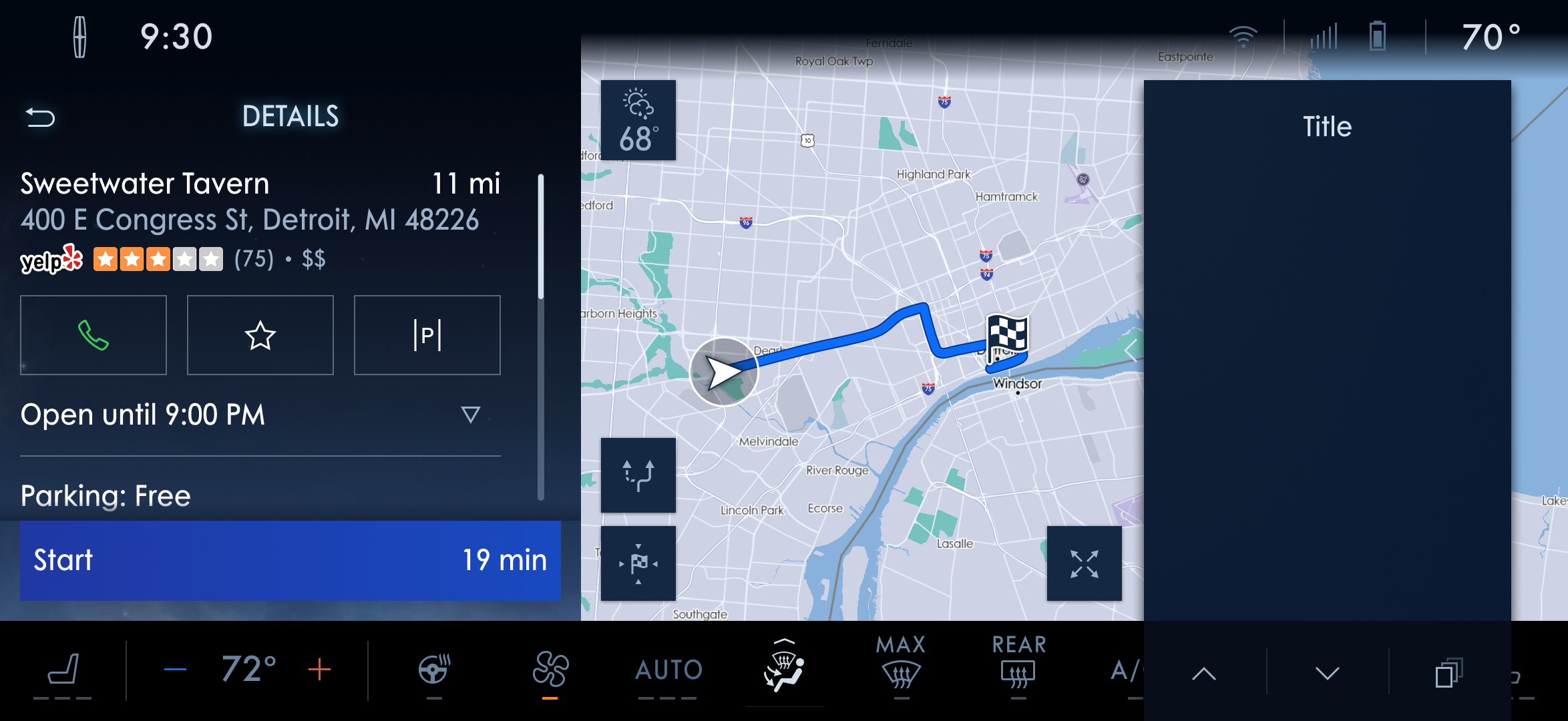Place details: ratings, hours, parking, and actions, with the route previewed on the map and a Start button