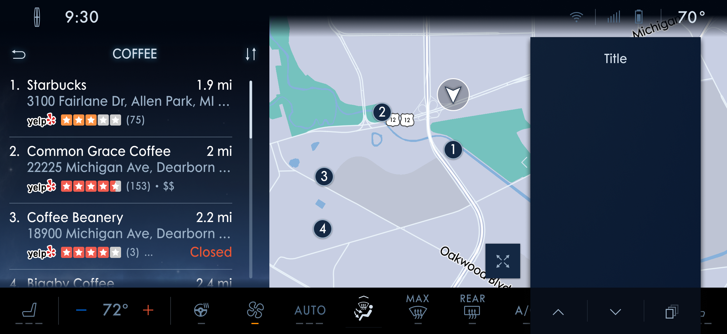 Search results: a ranked list with Yelp ratings and distances tied to numbered map pins