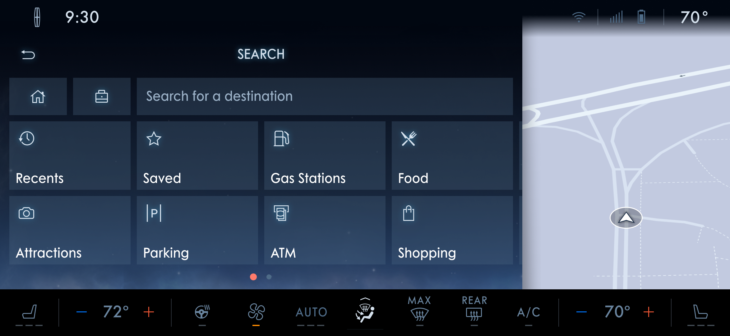 Search screen: home and work shortcuts, a search field, and category tiles for gas, food, parking and more