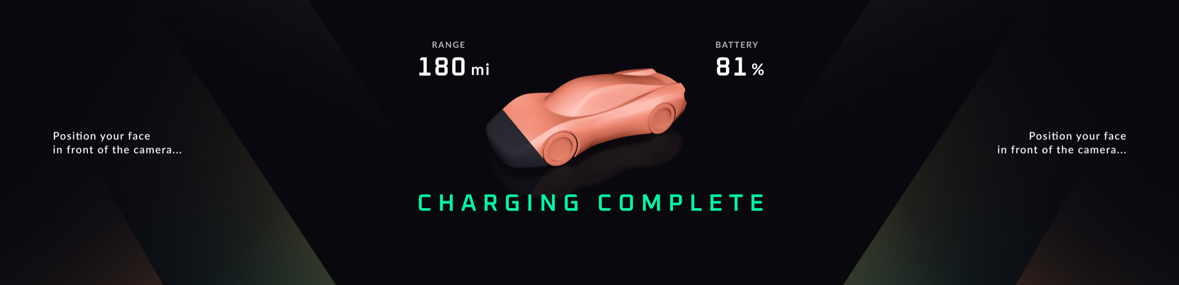 Charging complete screen with the vehicle model, range and battery, prompting the occupants to position their face in front of the camera