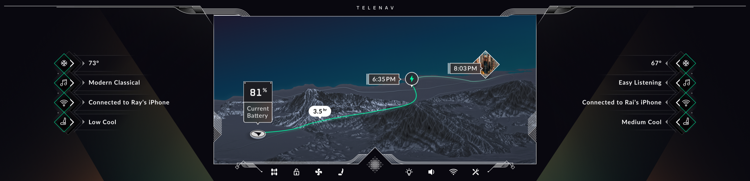 Cinematic 3D trip preview with the route, a charge stop, current battery and arrival times before departure