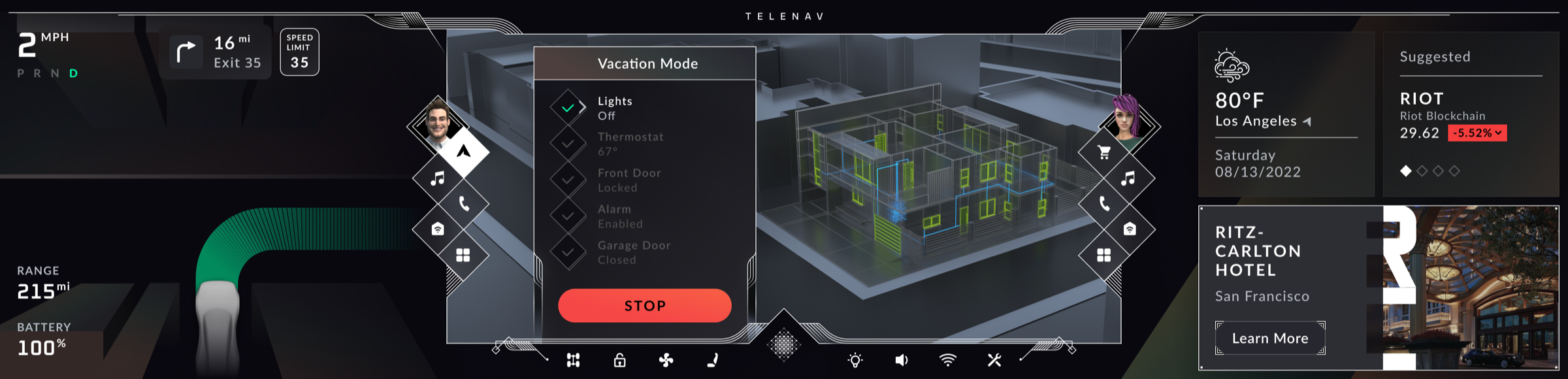 Vacation Mode running: lights off, thermostat set, doors locked, alarm armed, garage closed, shown on a 3D model of the home