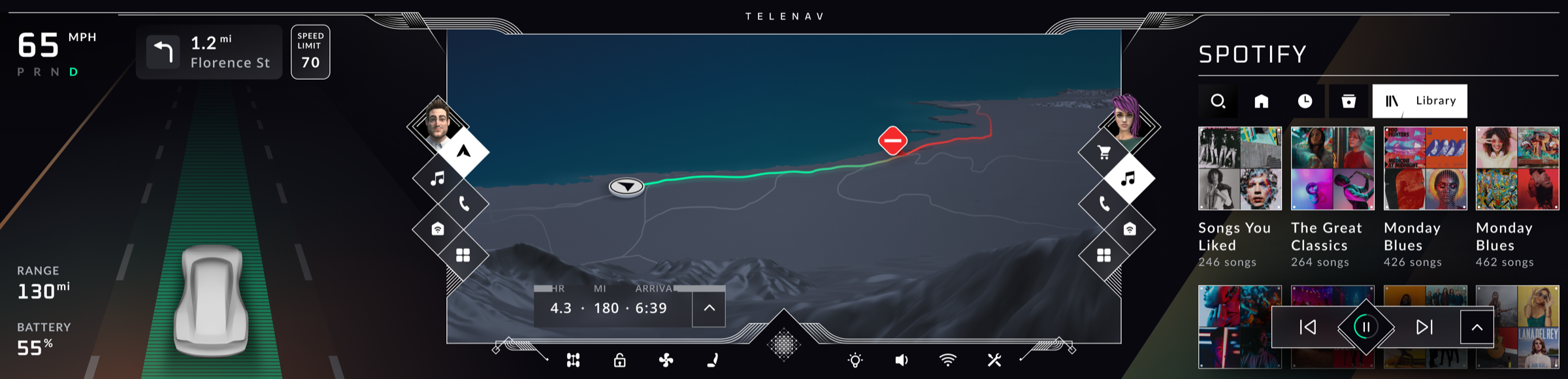 Cruising with a cinematic 3D map and live traffic in the center, the passenger browsing Spotify