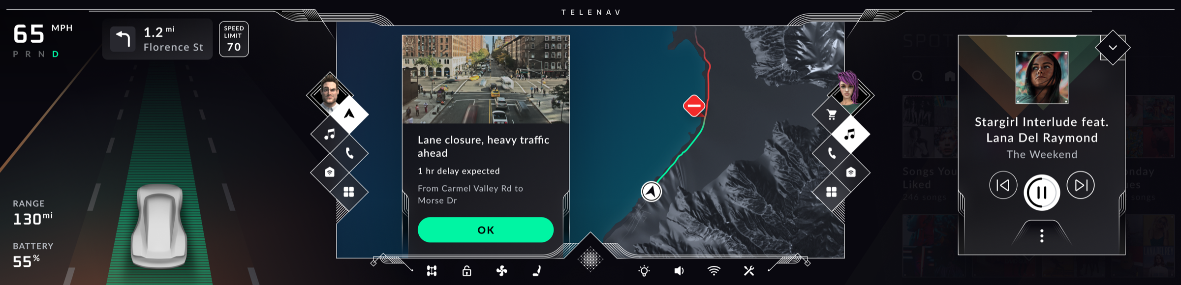 Traffic event with a live camera and the congested stretch in red, passenger music playing