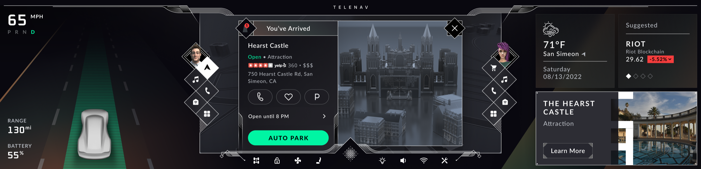 Arrival at Hearst Castle with hours, parking and Auto Park, the destination rendered in 3D, passenger sees photos and Learn More
