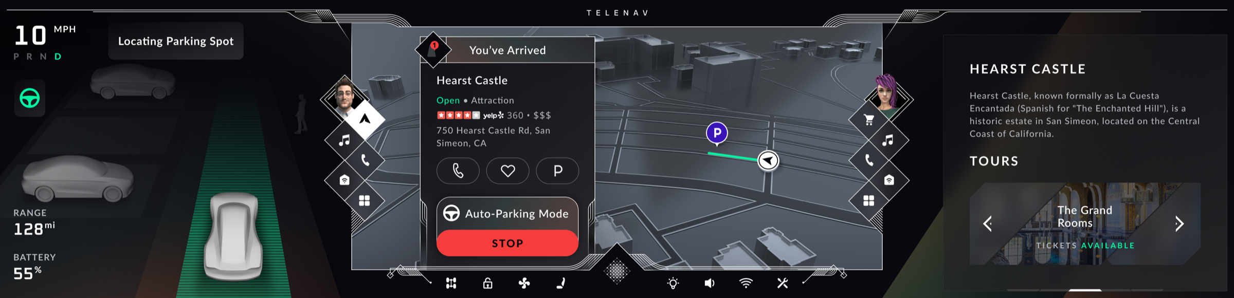 Auto-parking with surround cameras and a path to the spot, passenger browsing the castle tours