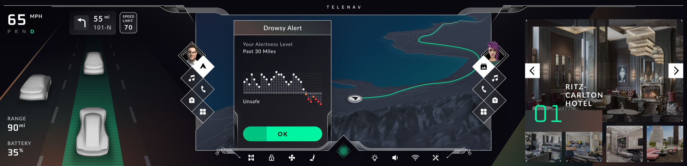 Drowsy alert with the alertness graph in the unsafe range, passenger browsing hotels
