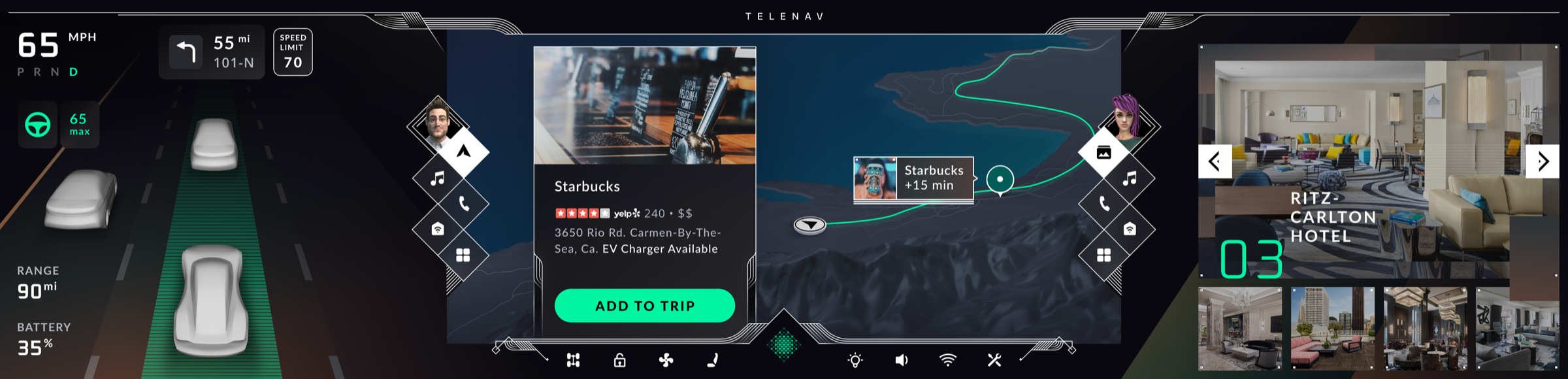 AI suggests a Starbucks just off the route to rest and charge, fifteen minutes added