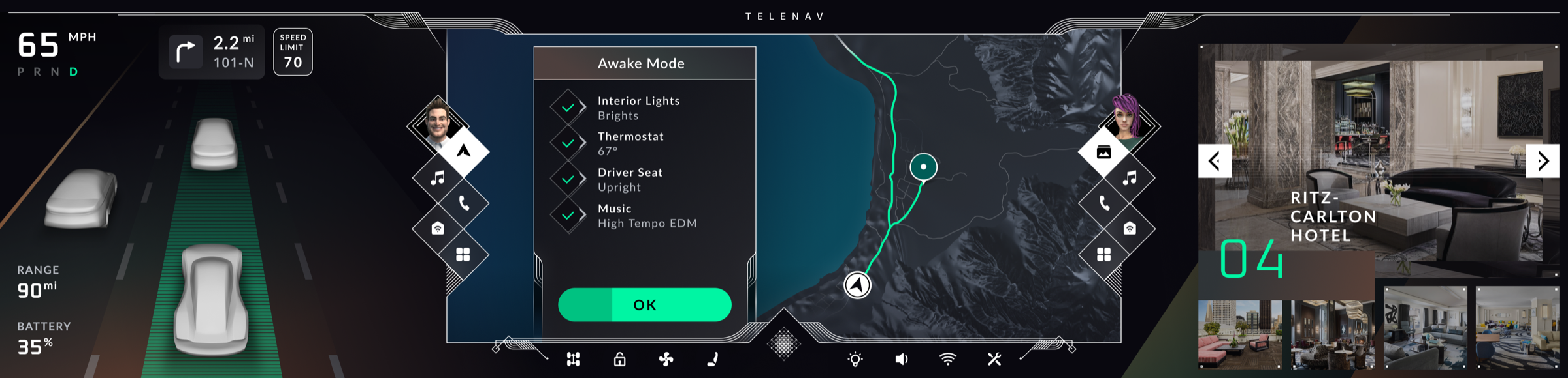 Awake Mode brightening lights, cooling the cabin, sitting the seat upright, and cueing high-tempo music