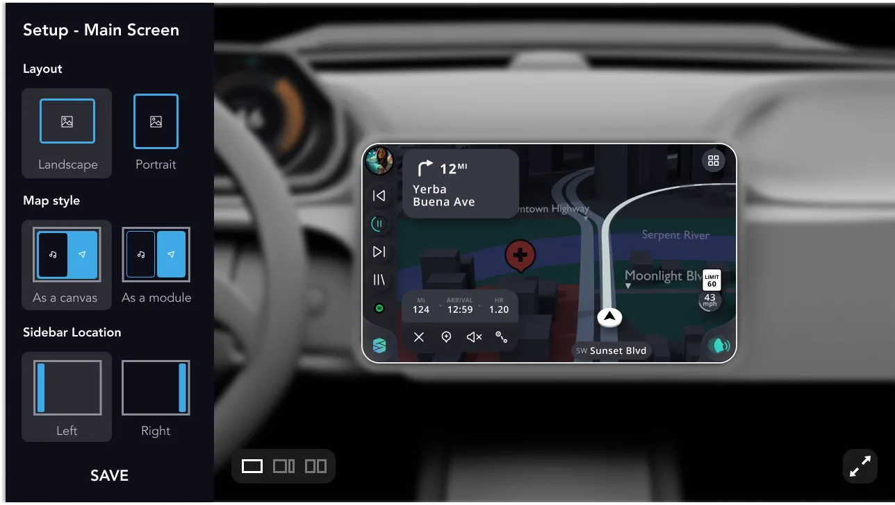 IVI Configurator: a setup panel offering landscape or portrait layout, map as a canvas or a module, and left or right sidebar placement, previewed live on an in-car display