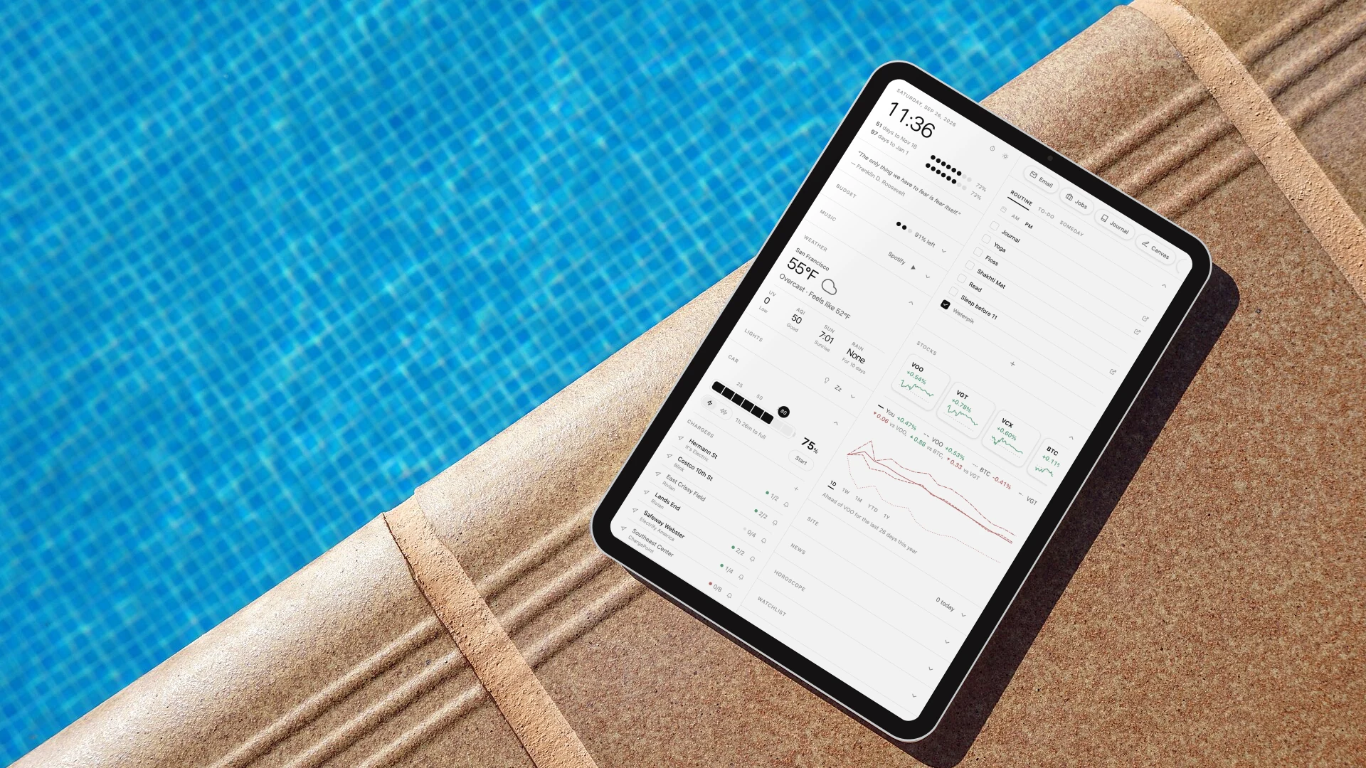 LifeOS in light mode on an iPad, lying beside a pool