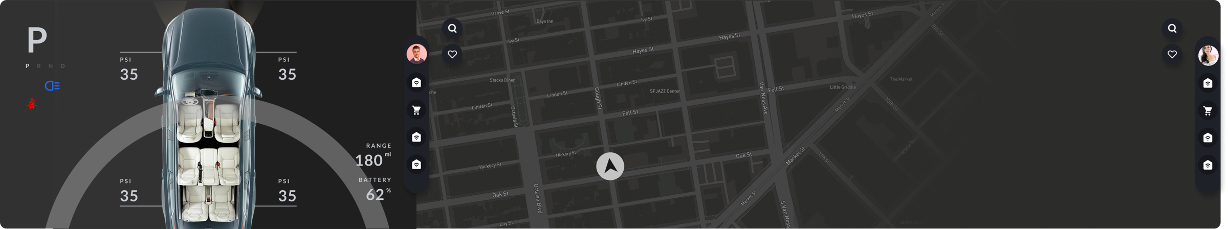 Low-fidelity wireframe: top-down cluster with tire pressure