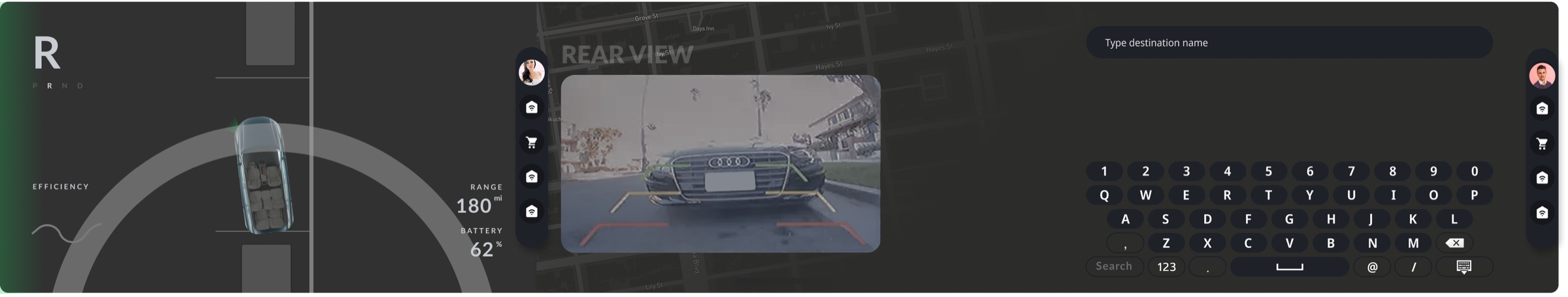Low-fidelity wireframe: reverse with backup camera while passenger enters destination