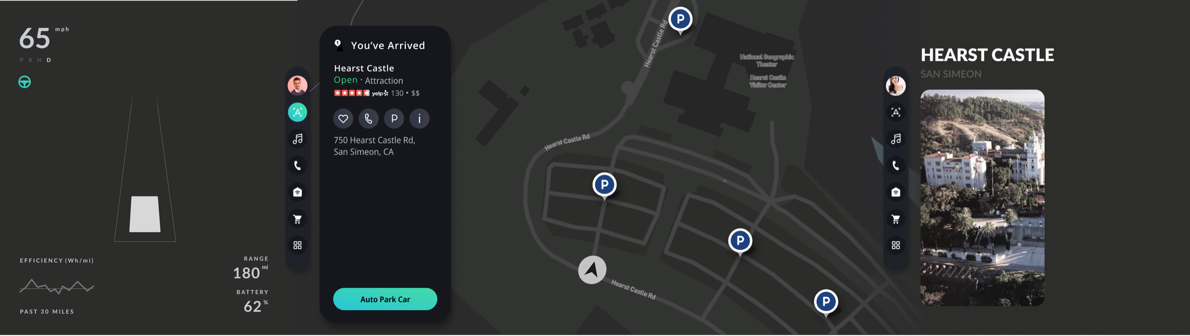 Low-fidelity wireframe: arrival with parking options and destination details