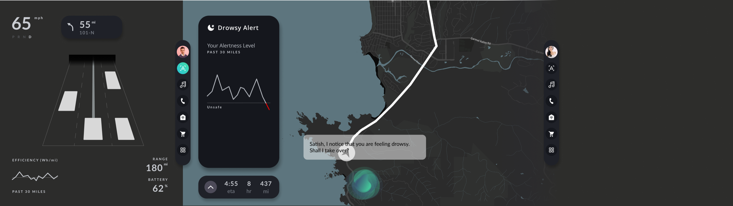 Low-fidelity wireframe: drowsy alert and offer to take over