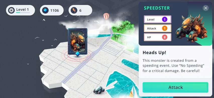 Monster Wheel: a gamified driving map where a speeding event spawns a monster to battle, with its level, attack and HP stats shown alongside