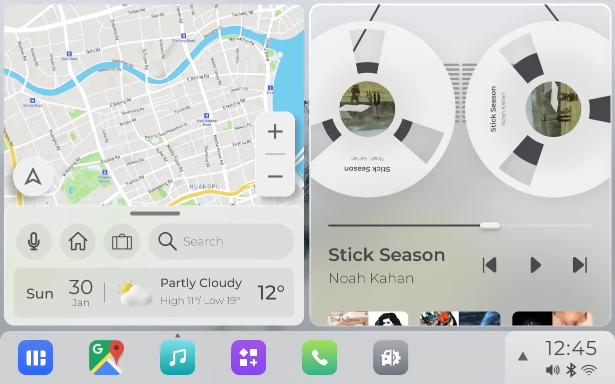 Music Player: an in-car split screen with navigation on the left and a music player on the right, the now-playing track shown as twin reel-to-reel tape decks